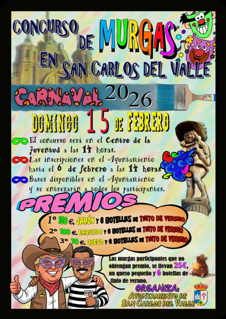 El Concurso de Murgas San Carlos del Valle 2026 se celebrará el domingo 15 de febrero en el Centro de la Juventud. Consulta horarios, premios, inscripción en el Ayuntamiento y toda la información oficial del certamen.