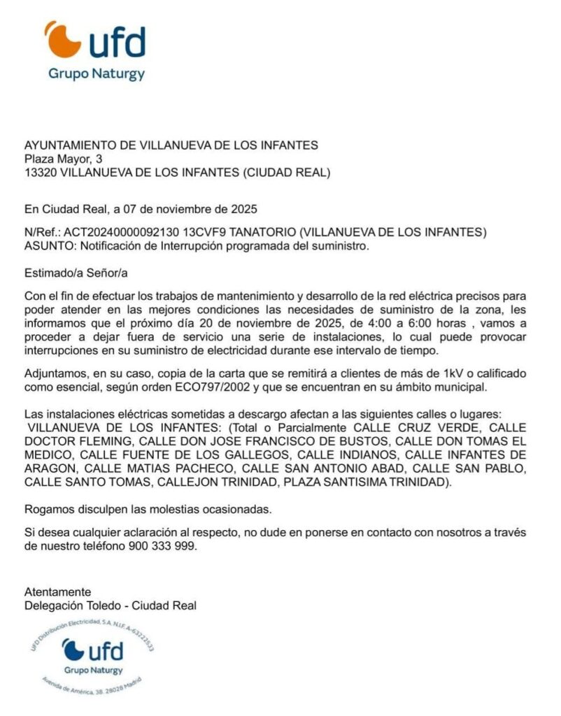 Corte de suministro eléctrico en Villanueva de los Infantes el jueves 20 de noviembre de 2025